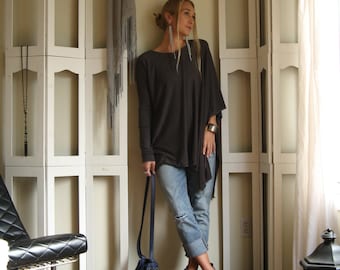 Boho OverSize Sweater Poncho Asymmetric Cape Shawl Boxy Round Neck Top Long Sleeved Tunique Maternité XS - XL Charcoal Lightweight Knit