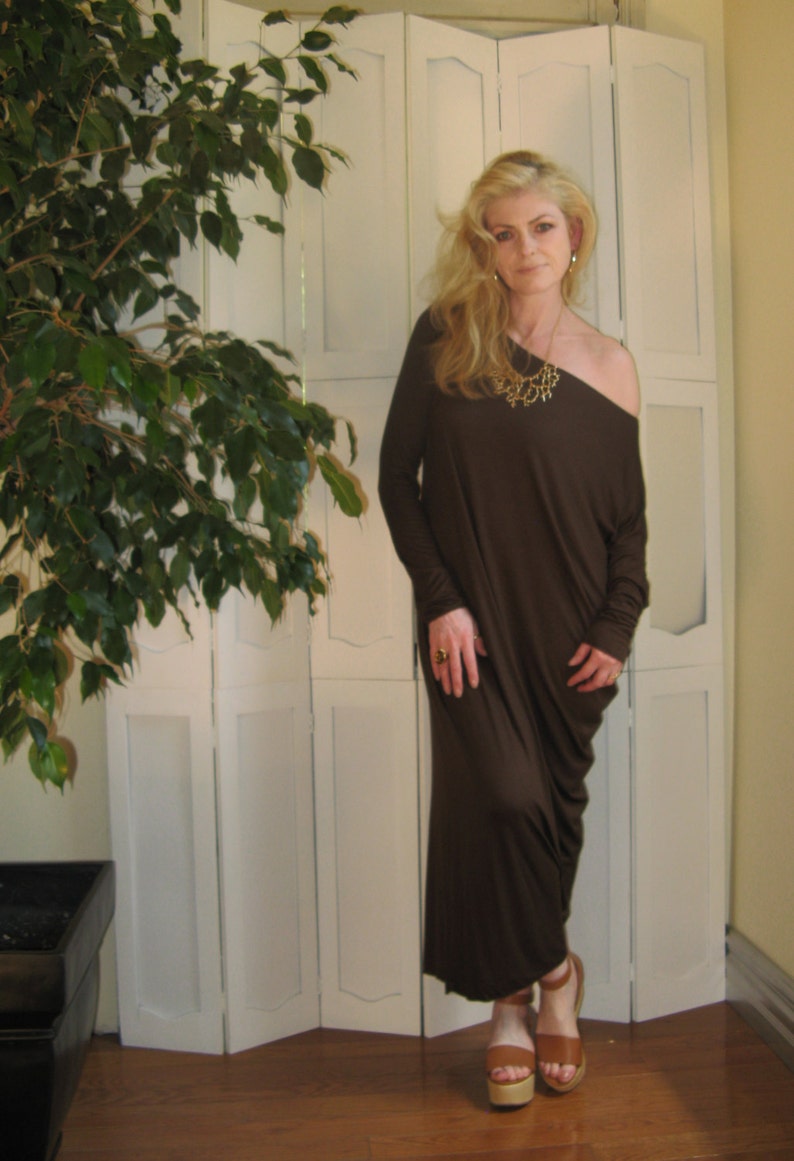 Asymmetric Boho Dress Off Shoulder Long Loose Relaxed Fit Kaftan Maxi Dress Long Sleeve Maternity Plus Size XS XL Rayon/Spandex Jersey image 3