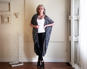 NEW Boho Sweater Vest Short Sleeve Cardigan Sleek Maxi Lounge Wear Dolman Sleeve Duster Longer Version - Black and White - One Size