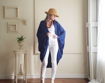 Boho Clothing Oversized Cardigan Long Sleeve Maxi Sweater Dolman Sleeve Duster Outerwear Longer Version - Denim Blue Jersey - One Size