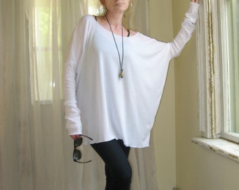 Boho Off Shoulder Sweater Plus Size Top OverSize Tee Long Sleeved Womens Tunic Boxy Top - White - XS - XL - Light Weight Rayon/Spandex