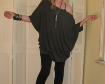 Oversized Tunic Off Shoulder Dress Dolman Short Sleeve Sweater Loose Relaxed Fit Top Batwing - XSmall - Large / Rayon/Spandex Jersey
