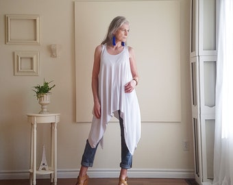 Boho Tank Top Asymmetric Vest Gypsy Festival Fashion Long Layering Tunic Muscle Tee Boho Clothing XS - XL Rayon/Spandex Jersey