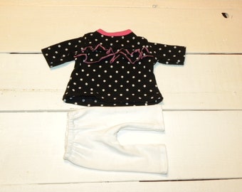 Pois bianco su abito nero e leggings bianchi - abiti per bambole da 14 - 15 pollici