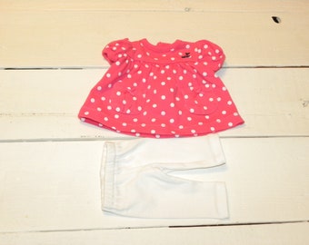 White Polka Dot Pink Dress and White Leggings - 14 - 15 in doll clothes