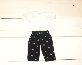 Tiny Heart Patterned Black Pants and White Striped Pattern T shirt - 14 -15 inch doll clothes