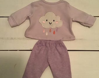 Regendruppels in de wolk en T-shirt en mauve broek - poppenkleding 14"