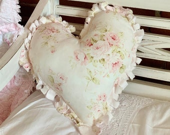 Shabby Raw Edge Small Heart Decorative Pillow Soft Pale Faded Pink Shabby Cabbage Roses 12”