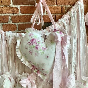Hanging Heart Pillow with Tattered Bow Bright Pink Roses and Bows 14”