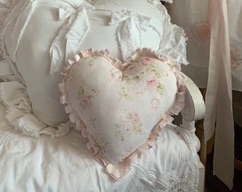 Shabby Raw Edge Small Heart Decorative Pillow Soft Pale Faded Pink Shabby Cabbage Roses 11”