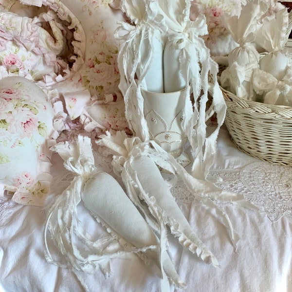 all white tattered washed cotton fabric carrots shabby crinkled bows