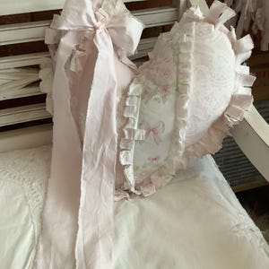 Tattered Improv Patchwork Small Heart Decorative Pillow with Bow Roses Pretty Pink and  White 10” Ready to Ship