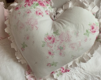 Tattered  Small Heart Decorative Pillow Pretty Pink and  White Cottage Roses  12” Ready to Ship