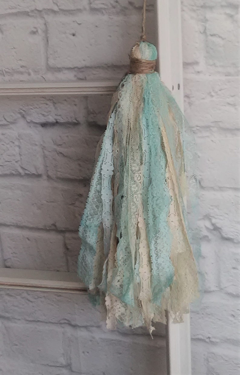 Shabby Lace Large Decorative Tassel Vintage Inspired Cream Ivory Natural Turquoise Aqua All Lace Ready to Ship