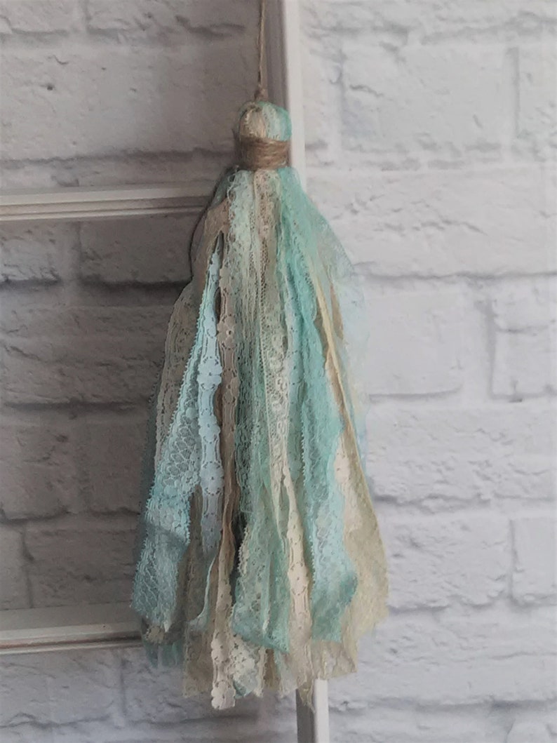 Shabby Lace Large Decorative Tassel Vintage Inspired Cream Ivory Natural Turquoise Aqua All Lace Ready to Ship