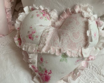 Tattered Improv Patchwork Small Heart Decorative Pillow Cabbage Roses Pretty Pink and  White 9” Ready to Ship