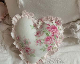 Tattered  Small Heart Decorative Pillow Pretty Pink and  White Cottage Roses  7” Ready to Ship