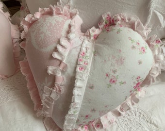 Tattered Improv Patchwork Small Heart Decorative Pillow Soft Faded Roses Pretty Pink and  White 10” Ready to Ship