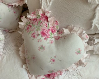 Tattered  Small Heart Decorative Pillow Pretty Pink and  White Cottage Roses  9” Ready to Ship