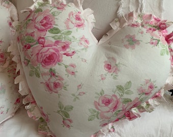 Tattered  Small Heart Decorative Pillow Pretty Pink and  White Cottage Roses  12” Ready to Ship