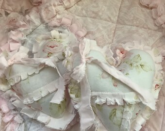 Shabby Raw Edge Tiny Heart Decorative Pillows Soft Pale Faded Pink Shabby Cabbage Roses on Creamy White Ribbons and Bows Set of 2