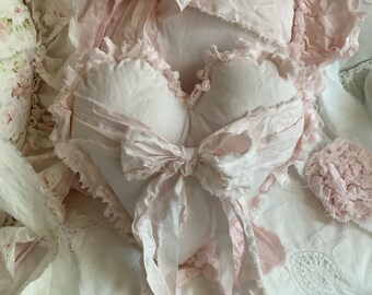 Heart Shaped Tattered Raw Edge Small Pillow Soft Pale Pink with   Tattered Band and Bow  Washed Cotton