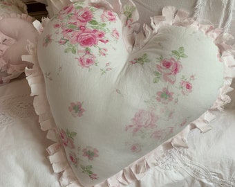 Tattered  Small Heart Decorative Pillow Pretty Pink and  White Cottage Roses  12” Ready to Ship