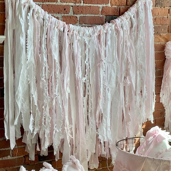 Shabby Tattered Washed Cotton Fabric Rag Garland White Pink