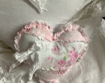 Shabby Heart Shaped Raw Edge Small Decorative Totally Tattered Improv Patchwork Pillow Pretty Pink Roses Cotton