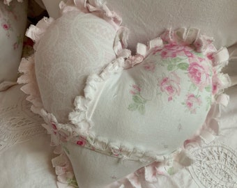 Tattered Improv Patchwork Small Heart Decorative Pillow Soft Faded Roses Pretty Pink and  White 9” Ready to Ship