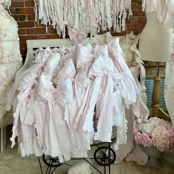 6 Tattered Pale Pink Raw Edge Soft Washed Lightweight Cotton Wrinkled Crinkled Rag Bow
