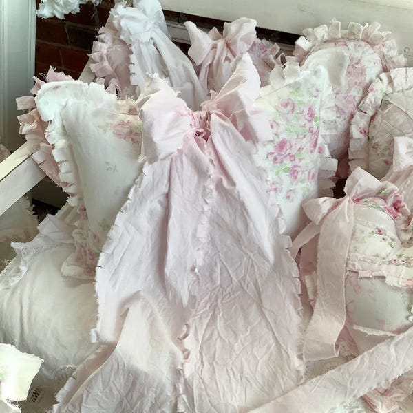 Tattered Pink and White Shabby Faded Pink Roses Floral Raw Edge Washed Cotton Wrinkled Crinkled Rag Bow Pillow
