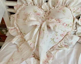 Tattered Pale Pink Cabbage Roses Raw Edge Ruffled Heart Washed Soft Cotton Pillow with Bow
