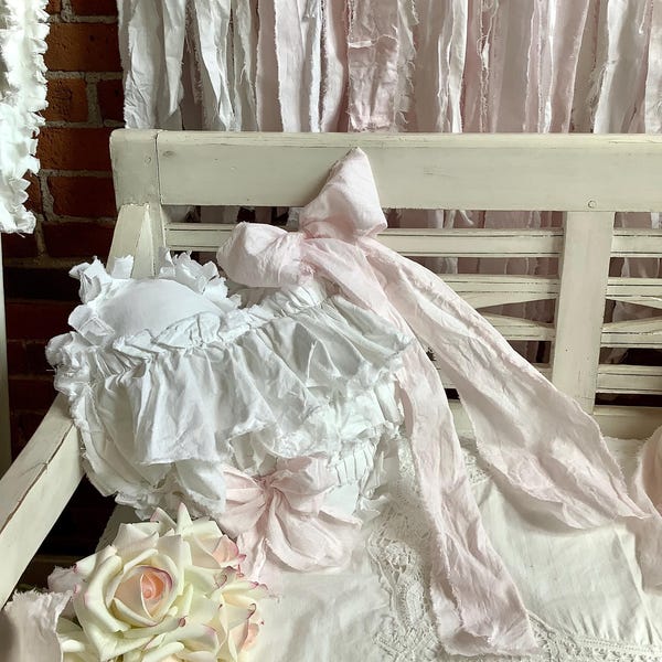 Messy Ruffles and Bows Heart Shaped Tattered Raw Edge Small Pillow White Washed Cotton  with Pink Bows 14” One of a Kind