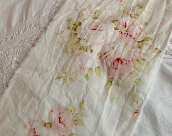 3 yards of soft hand torn washed cotton pale shabby cottage roses print tattered ribbon 5 1/2”  wide x 108” long