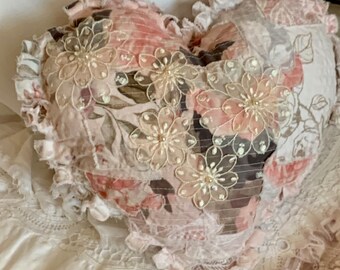 Shabby Heart Shaped Raw Edge Small Decorative Tattered Improv Patchwork Pillow Grey Blush Ecru Pink Cotton Linen