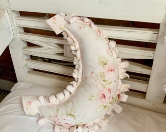 Crescent Moon Pillow Soft Pale Light Pink  Faded Cabbage Roses on Creamy White Washed Cotton Rag Finish