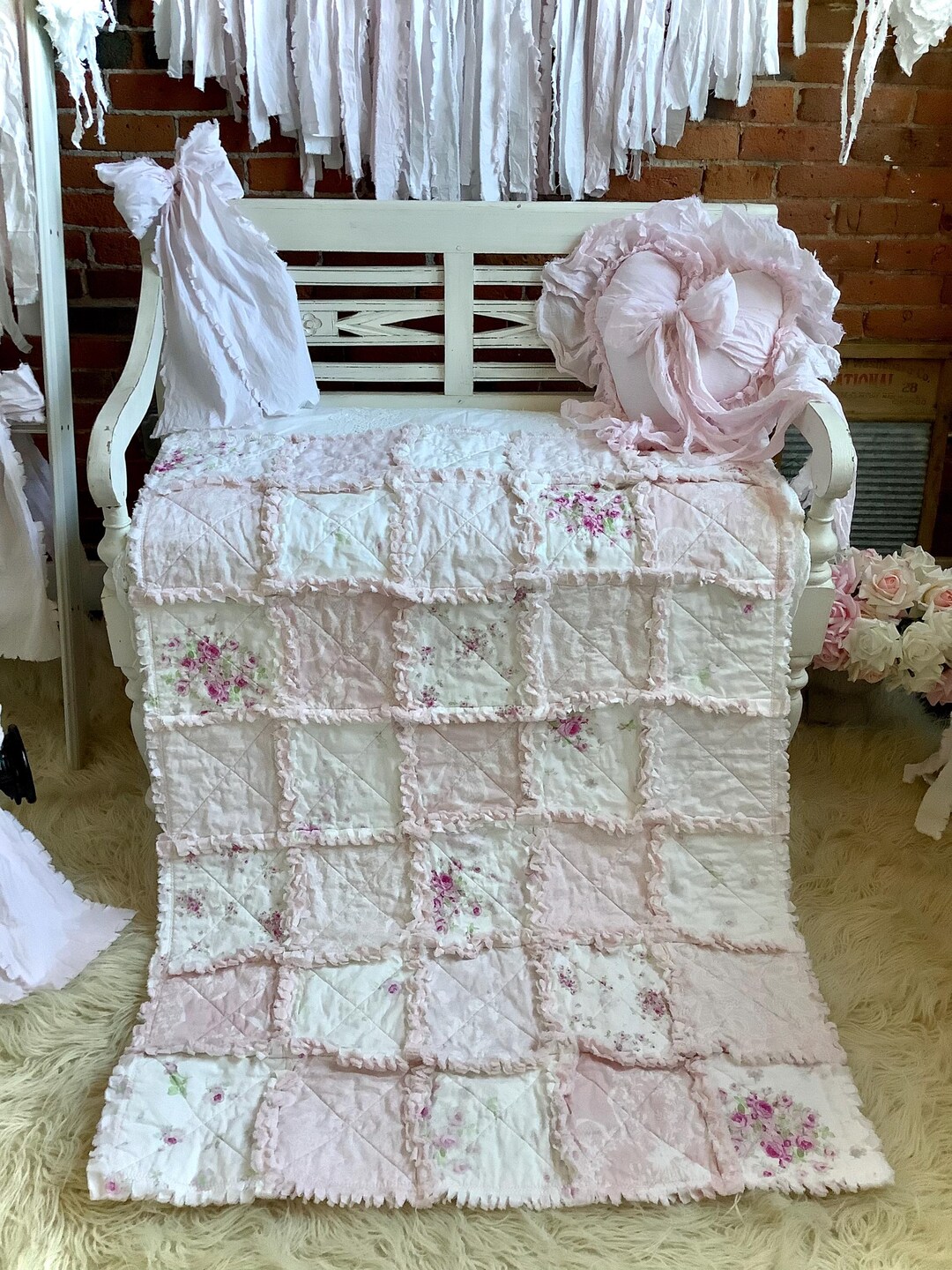 Pink Rag Quilts Cottage Roses Light Pink and White Shabby Rag Baby Crib Quilt or Lap ...