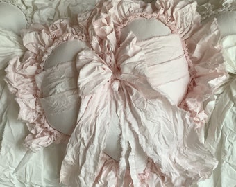 Tattered Very Pale Pink Raw Edge  Ruffled Heart Large Washed Cotton Pillow Cover with Bow