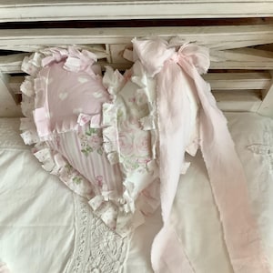 Tattered Improv Patchwork Small Heart Decorative Pillow with Bow Roses Pretty Pink and  White 10” Ready to Ship