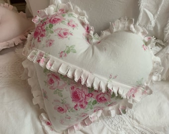 Tattered Improv Patchwork Small Heart Decorative Pillow Roses Pretty Pink and  White 9” Ready to Ship