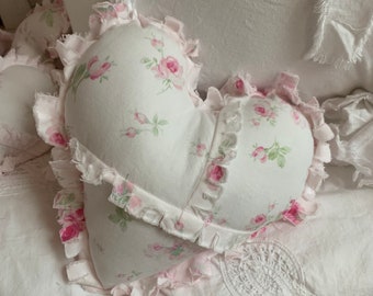 Tattered Improv Patchwork Small Heart Decorative Pillow Roses Pretty Pink and  White 8” Ready to Ship