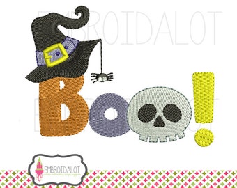 May include: Embroidered design of the word "Boo!" with a witch's hat, spider, skull, and exclamation point.