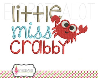 Cute girls beach embroidery. " Little Miss Crabby" embroidery design. Crab embroidery download. Girls embroidery. Summer embroidery.