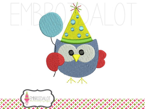 Owl machine embroidery design. Cute party owl embroidery filled design. Great birthday embroidery for boys or girls just change the colour.