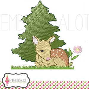 Deer embroidery design. Adorable baby deer machine embroidery with trees. Cute woodland embroidery. Spring embroidery. Fawn embroidery.