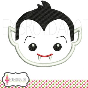 May include: A cartoon illustration of a vampire with black hair, white fangs, and big eyes. The vampire is smiling.