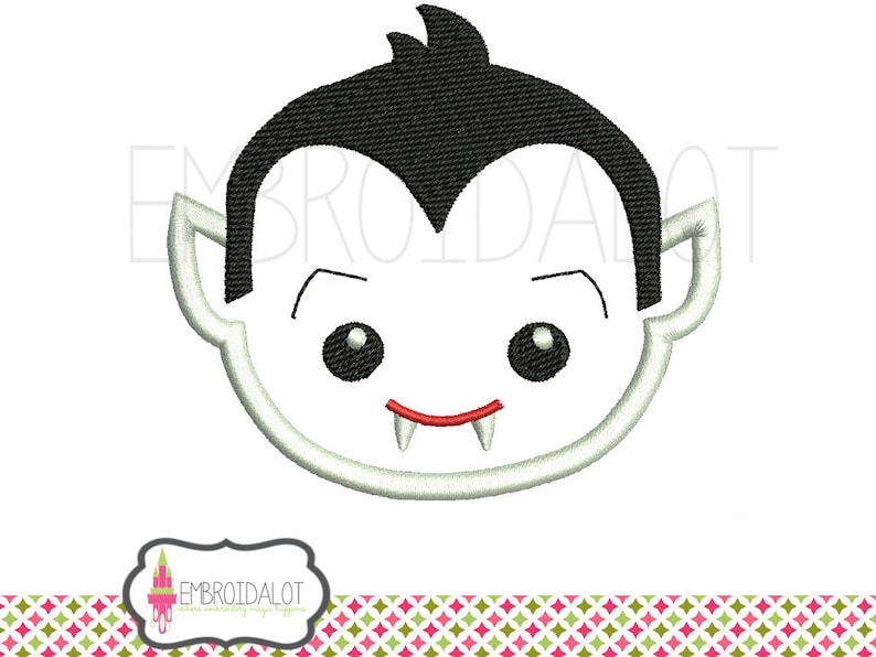 May include: A cartoon illustration of a vampire with black hair, white fangs, and big eyes. The vampire is smiling.