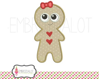 Gingerbread applique design. Girly ginger bread applique embroidery, 5 sizes. Cute gingerbread embroidery for your embroidery projects.
