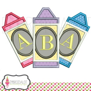 Crayon applique monogram frame. Crayon embroidery design for first day applique. Cute kids monogram frame. Pre K monogram frame.